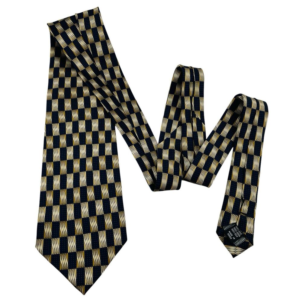 Vintage Geometric 100% Silk Tie Hand Made Gold Black Blue Duomo Milano